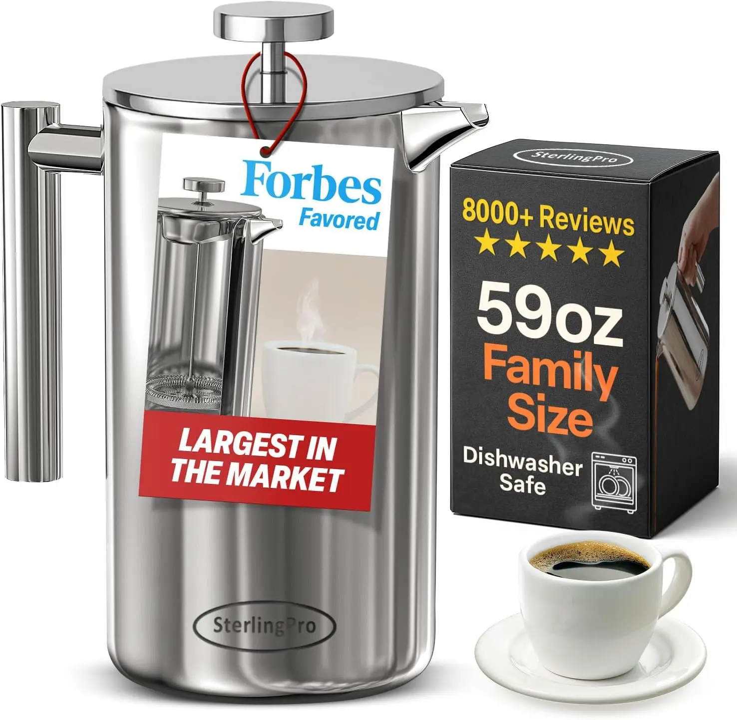 Extra Large Insulated Stainless Steel French Press Coffee Maker 59oz – Insulated Metal XL Double Wall Coffee Maker | Plastic Fre
