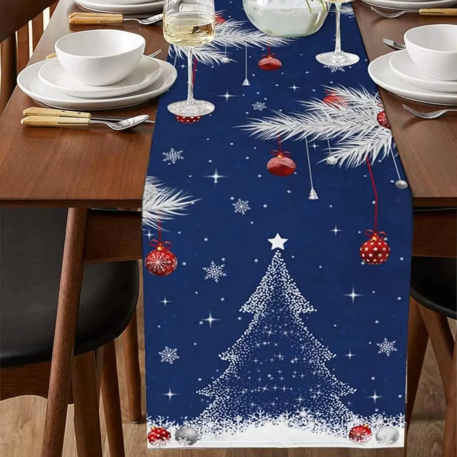 عيد ميلاد سعيد الكرة الصنوبر إبرة ندفة الثلج شجرة الأزرق الجدول عداء الشتاء المطبخ الطعام عيد الميلاد ديكور نسيج الكتان #4
