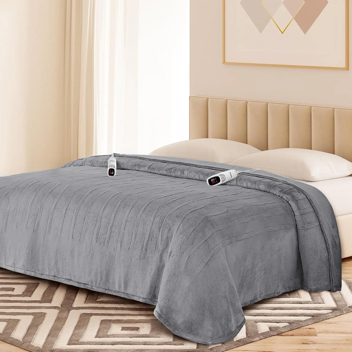 

Dual Control Electric Heating Blanket, 9 Heat Levels, Auto Off, Machine Washable, Grey