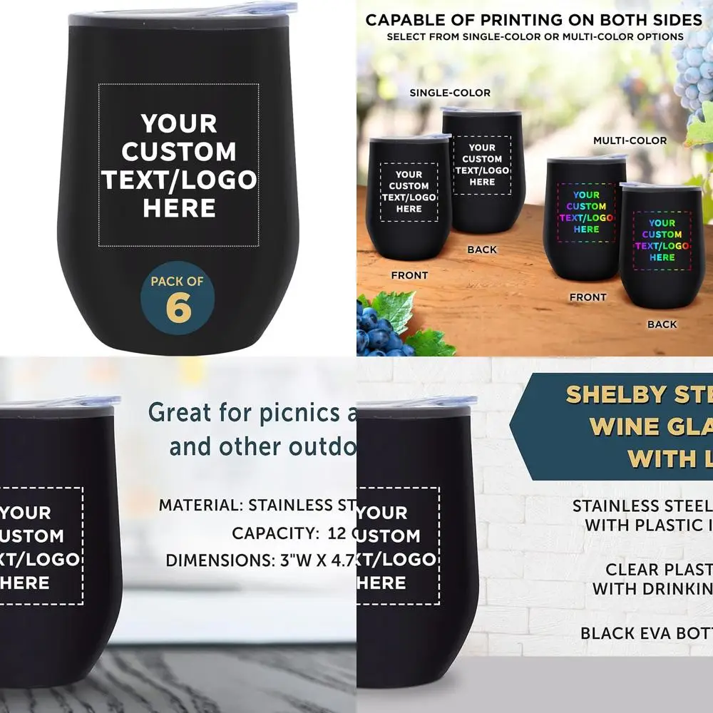 

Набор из 6 персонализированных стаканов для вина без ножки, 350 мл – с термоизоляцией для горячих и холодных напитков, идеально подходят для коктейлей и вина, черные