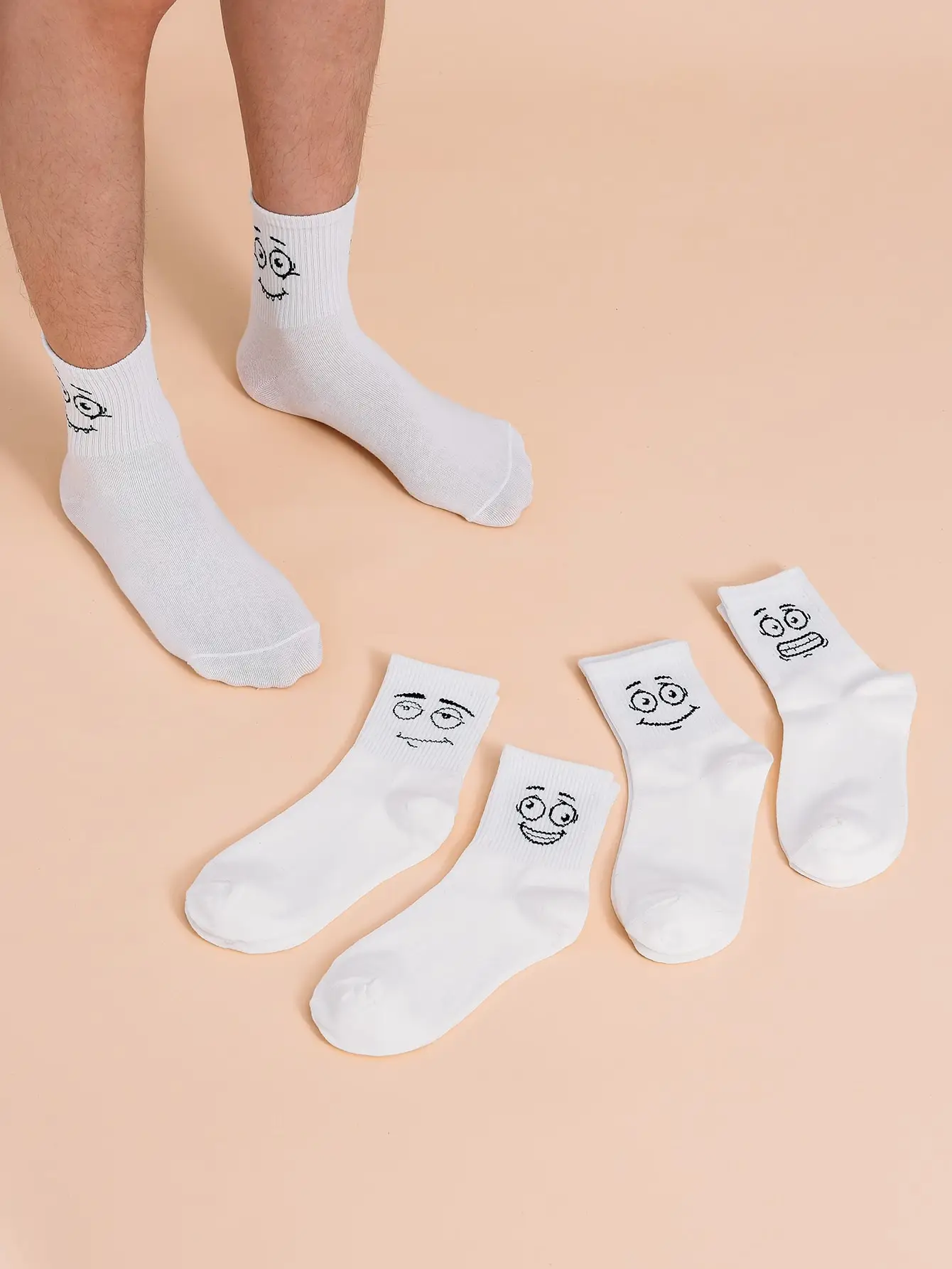 5 Pairs Middle Tube Men Socks Set White Solid Cartoon Graphic Pattern Fashion Breathable For Male Style Casual Comfortable Socks