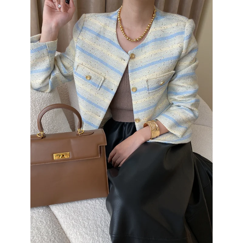 Women French High Quality Sweet Short Jacket Simple Casual Loose Korea Small Fragrant Vintage Striped Blue Tweed Office Coat 167