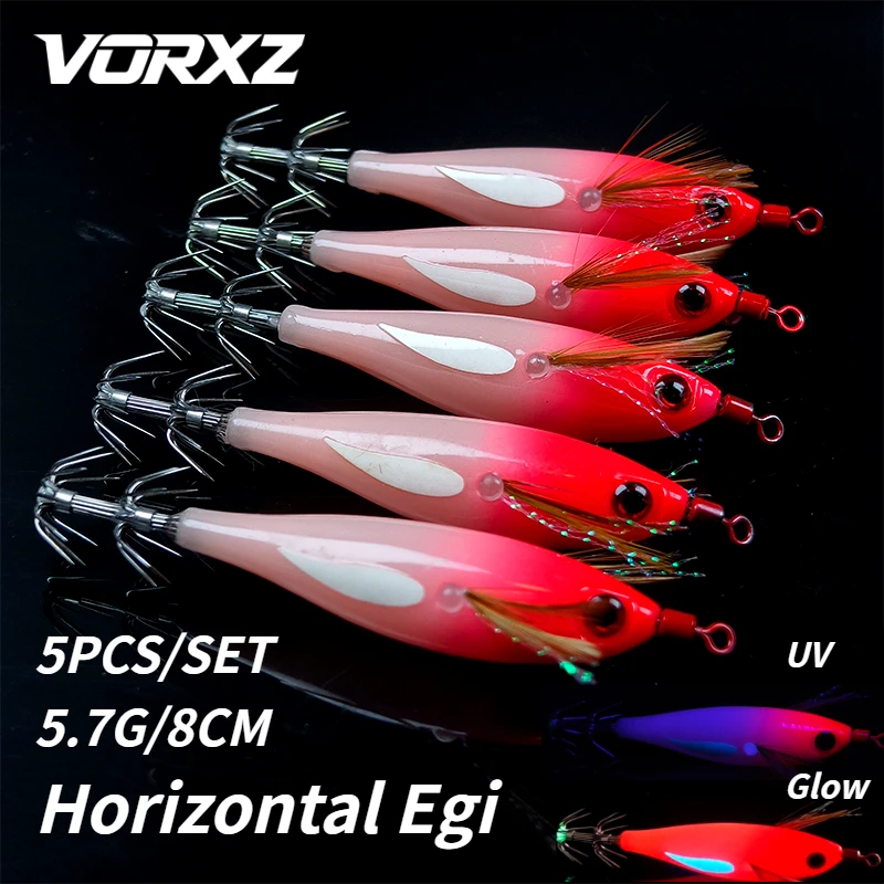 Juego de Señuelos Horizontales para Calamar Egi, 5 Piezas, Rojo con Brillo UV, Cebo para Calamar Rojo con Anzuelos de Paraguas Afilados, Equipo de Pesca de Calamar en Agua Salada
