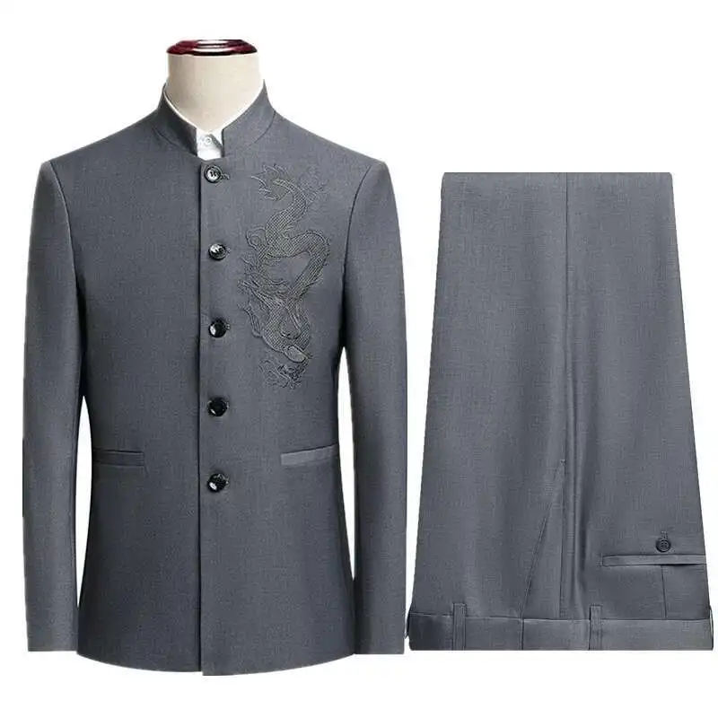 

China Style Men Black Suit Two Piece, Single Breasted Lapel Jacket With Trousers, Asian Size M-6XL,Wedding/Party/Business Suits