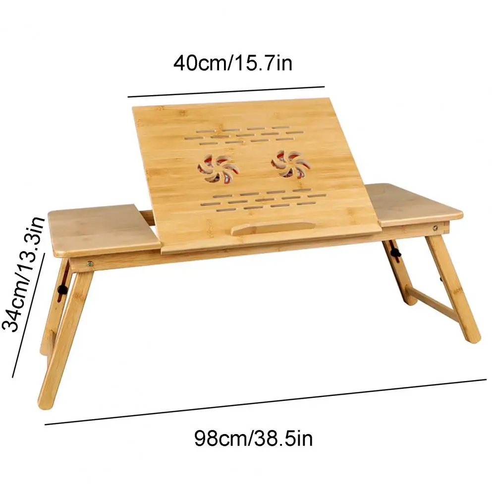 Portable Adjustable Bamboo Laptop Desk with Fan Cooling Effect Tilting Top Drawer Foldable Bed Table Breakfast Serving Tray