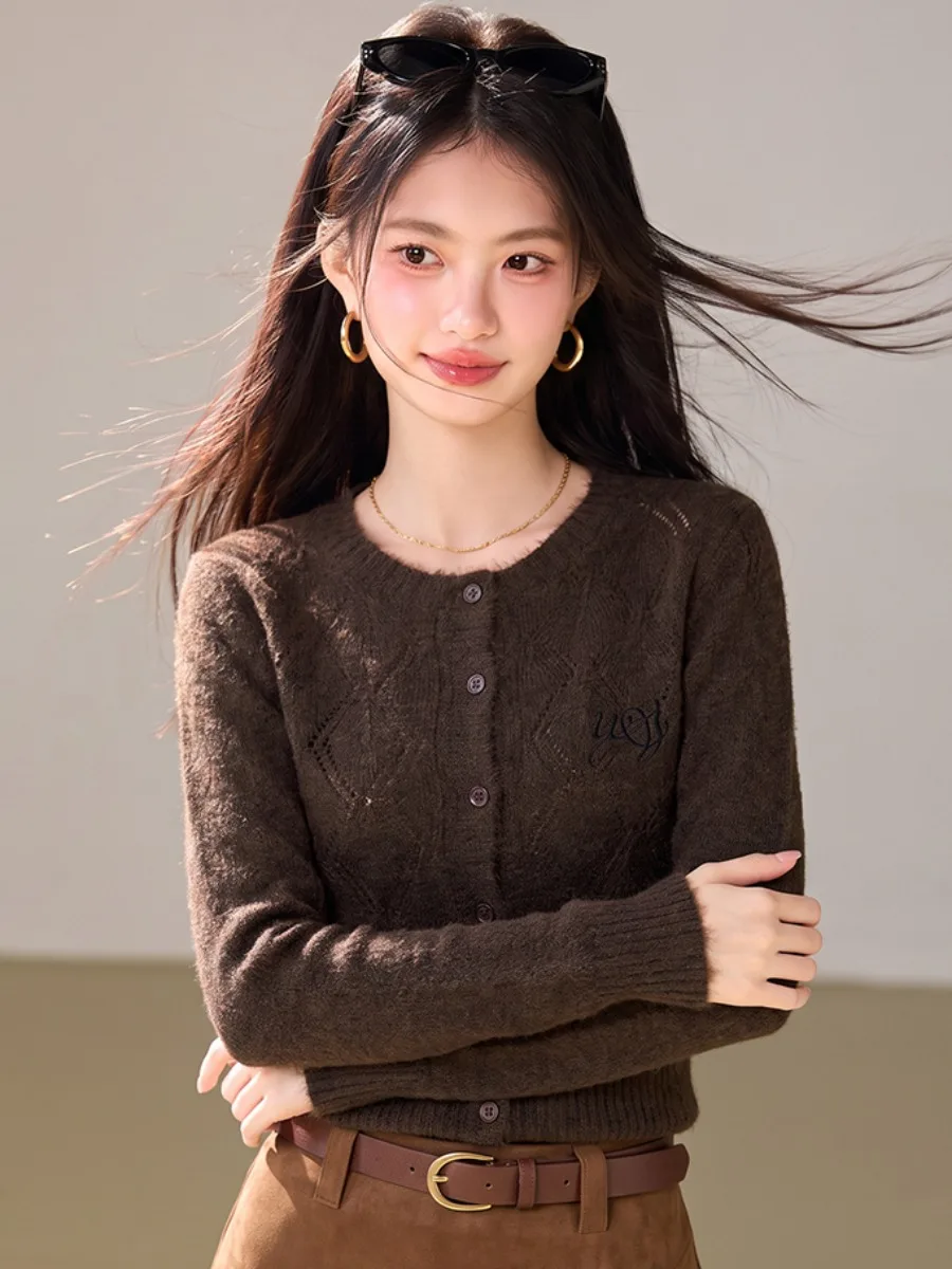 Loose Knitted Long Sleeve round Neck Women's Top Coffee Color Embroidery Early Autumn Gentle Style Korean System Matching