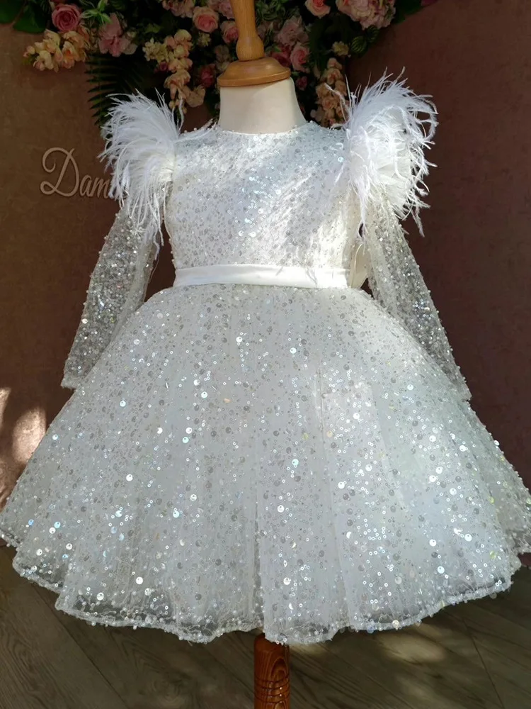 Girls New White Long Sleeve Puffy Tulle Feather Party Dress Stylish Sequin Birthday Performance Princess Dress