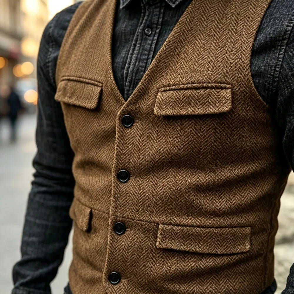Men's Herringbone Tweed Suit Vest Vintage 4 Buttons Multi Pockets Sleeves Slim Fit Business Men's Waistcoat For Wedding