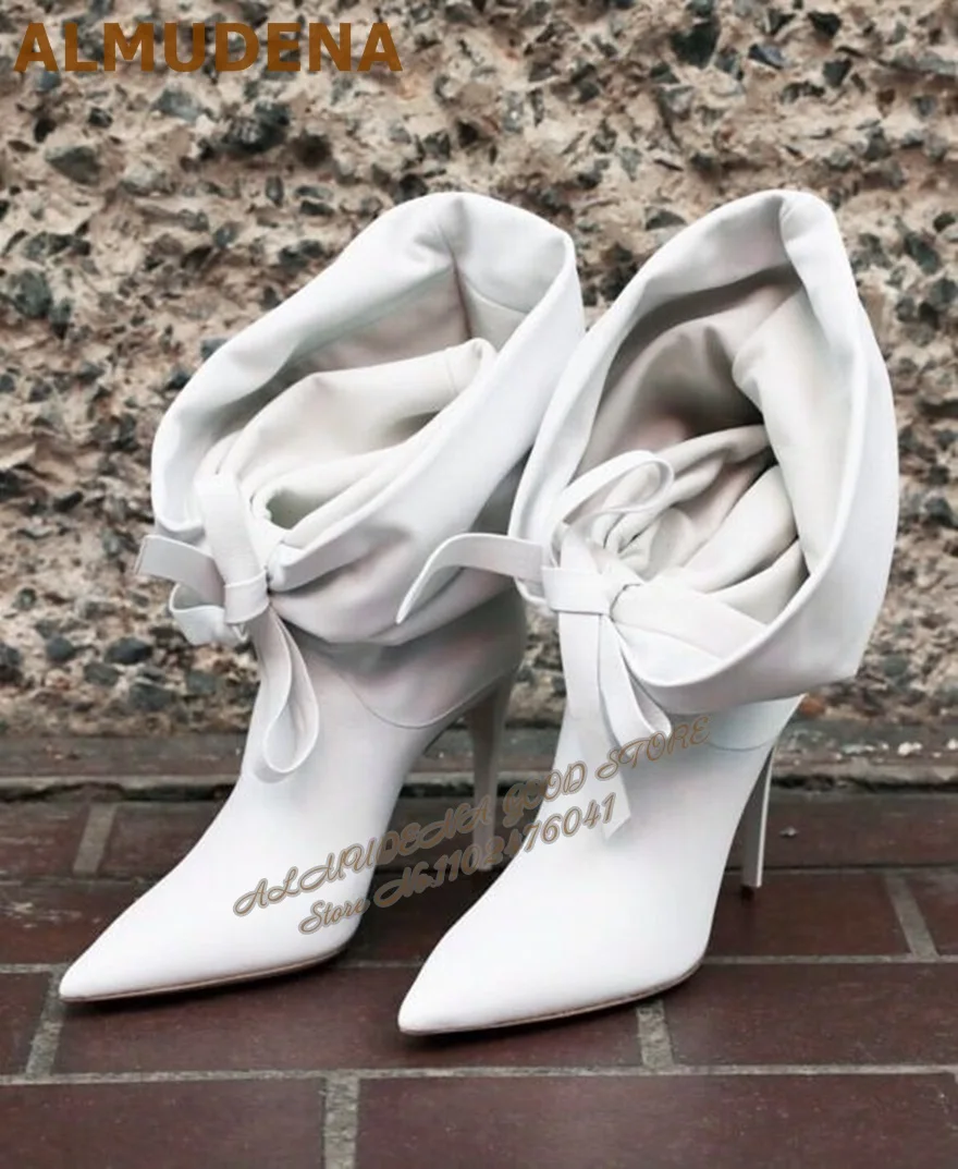 

ALMUDENA White Matte Leather Turn-Over Ankle Boots Piled Collar Butterfly-Knot Pointed Toe Booties Slip-On Elegant Dress Pumps