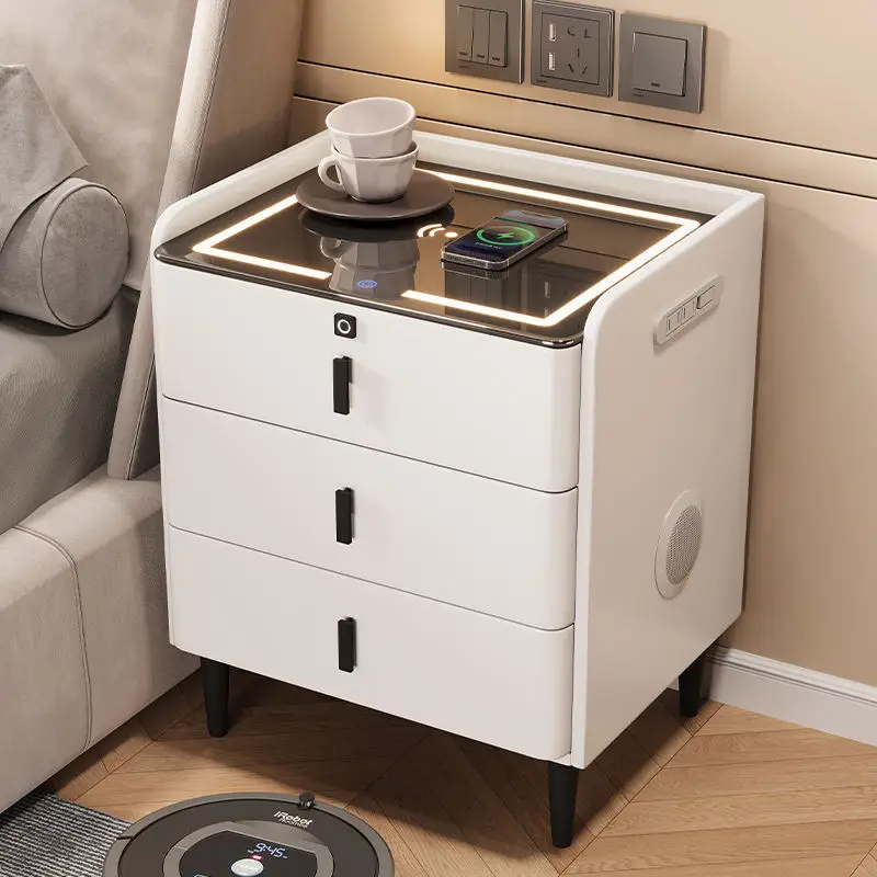 طاولة السرير الذكية اللاسلكية متعددة الوظائف شحن سمّاعات بلوتوث قفل بصمة الإصبع طاولة السرير الخشبية الصلبة