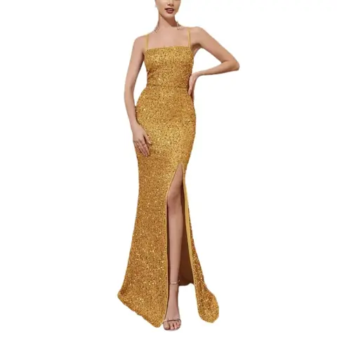 Amazon Cross-Border Summer New Women's Fashion Linne Högmidjad Sexig Sidoslitsklänning Europeisk och amerikansk stil 6 best sales Amazon aftonklänningar - №1