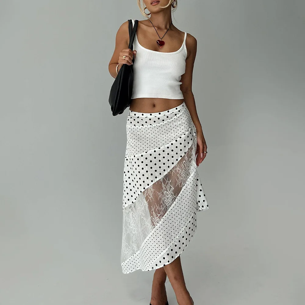 

Women s 2025 Summer Polka Dot Midi Skirt Lace Trim Asymmetrical Hem Sexy Casual Long Skirt Trendy Fashion