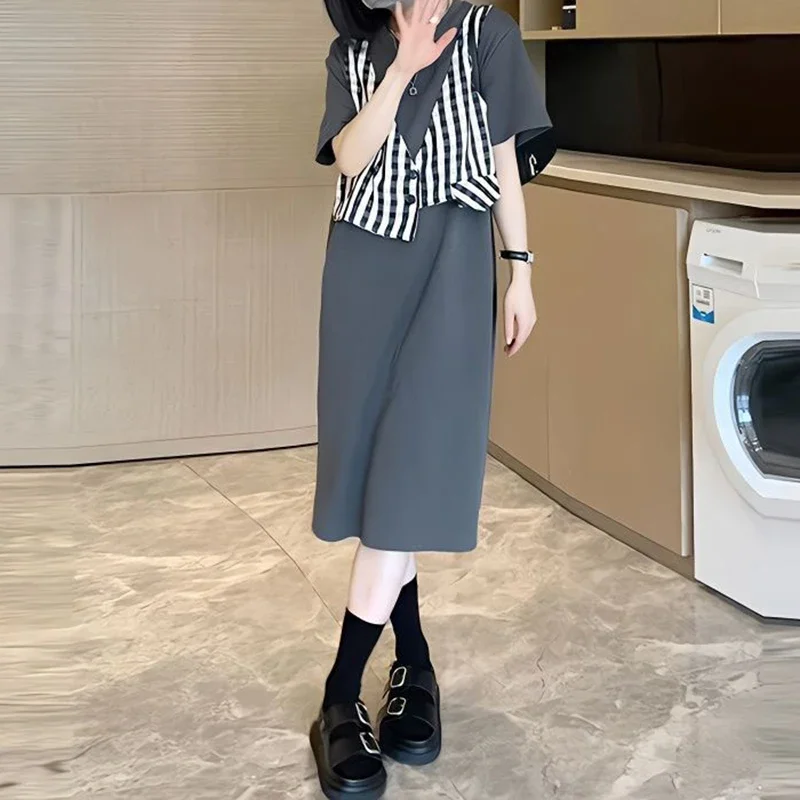 Fake two-piece splicing gray dress female summer design sense long large size loose fashion temperament casual T-shirt skirt