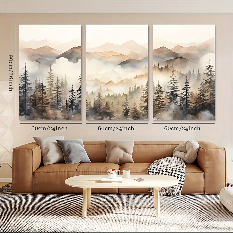 Rahmenlos 2D flach, 3-teiliges Set aus Leinwand-Kunstdruckgemälden mit Holzrahmen, 2D flach, abstrakte Landschaftsmalerei, auf Leinwand gedruckt