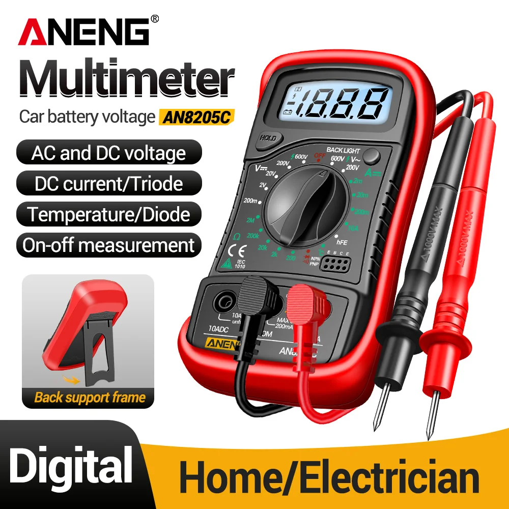 Digital Multimeter 1999 Counts Backlight ANENG AN8205C AC DC Voltage Resistance Temperature HFE Diode Portable Electrician Tool