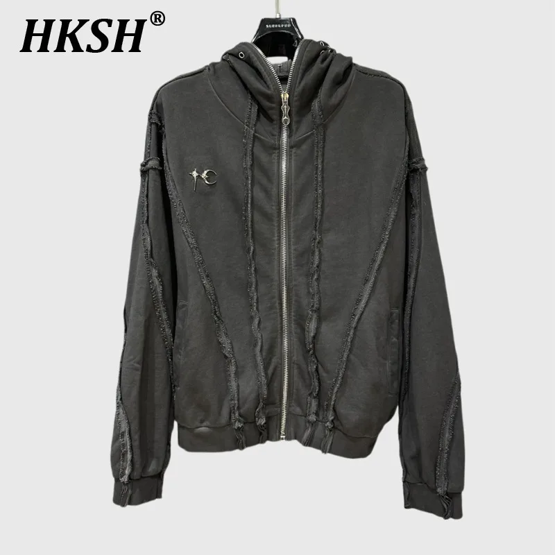 HKSH Spring Autumn Zipper Mask Destruction Cardigan Sweatshirt Splicing Water Washed Wax Printing Hoodie Coat Tide Hoodie HK3854