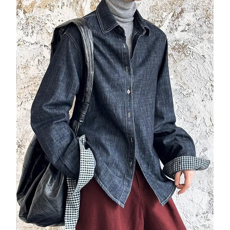 Japanese Vintage Women Autumn Denim Shirt Dark Blue Turn Down Collar Loose Long Sleeve Casual Outerwear Student Blouse