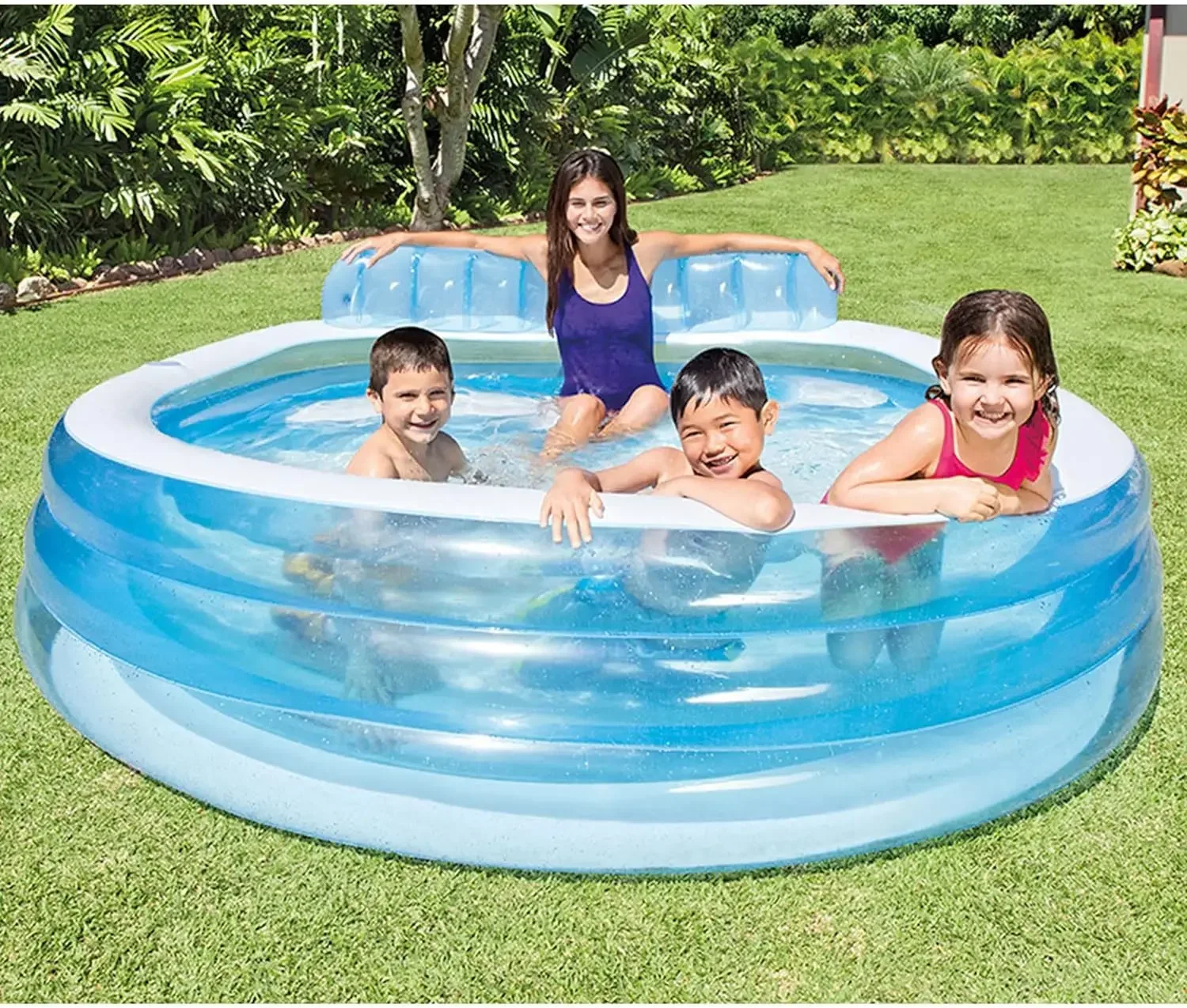 Aufblasbarer Familien-Lounge-Pool für Swim Center: Einbau-Becherhalter, 156 Gallonen Fassungsvermögen, 90 x 86 x 31 Zoll, Blau