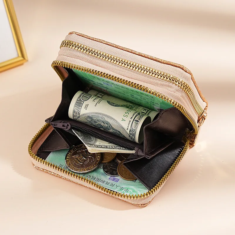 Korean Style Women's Double Zipper Accordion Card Holder - Starry Shiny Card Cover, Multi-Slot ID Document Organizer