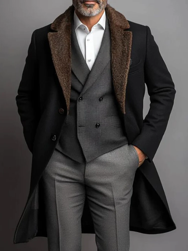 

Elegant Business Plush Suede Lapel Men Long Overcoat Black Single Row Double Buckle Straight Office Winter Outerwear Man Jacket
