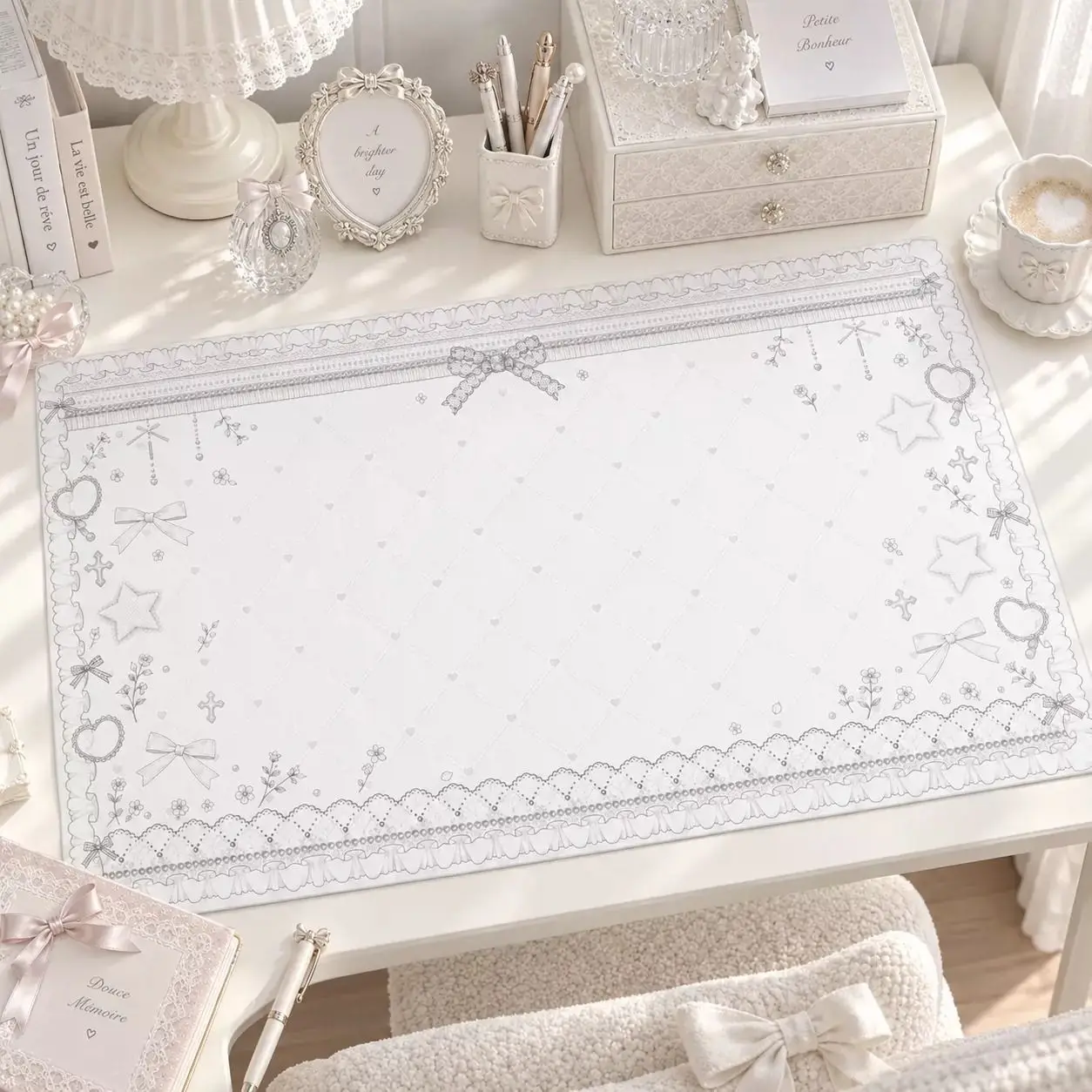 Cream Ins Style Korean Lace Floral Bow PU Leather Mouse Pad Mouse Pad Office Desk Mat Waterproof Non-Slip PU Desk Blotter Pad