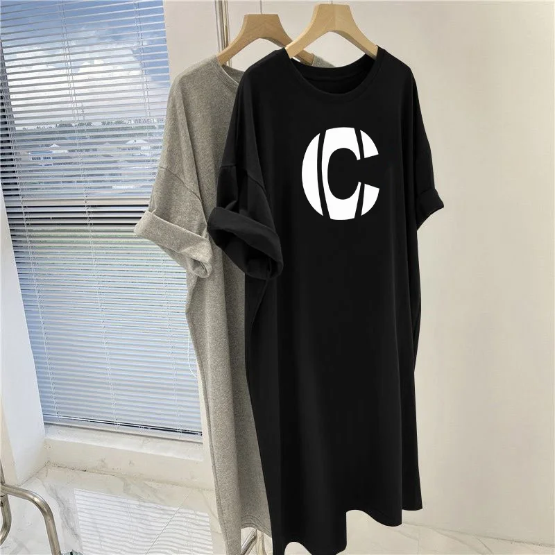 Summer Y2k Letter Printed Overknee Tunic, Loose Casual O-neck Short Sleeve Dresses, Women Clothing Vintage Pullovers Dress