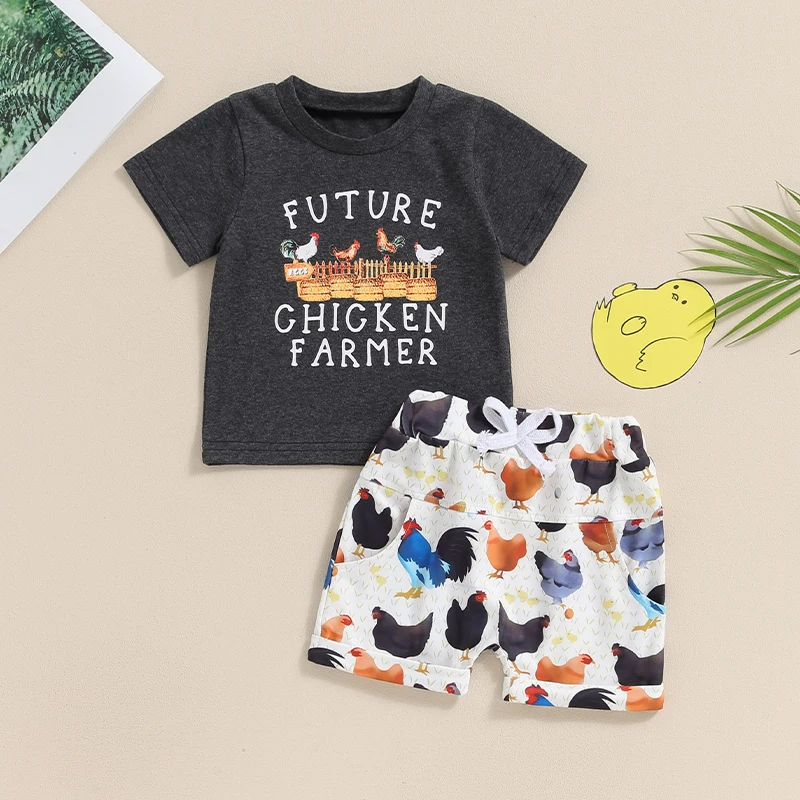 

2024-03-27 Lioraitiin 3M-3Y Baby Boys Clothes Set Short Sleeve Letters Print T-shirt with Chicken Print Shorts Summer Outfit