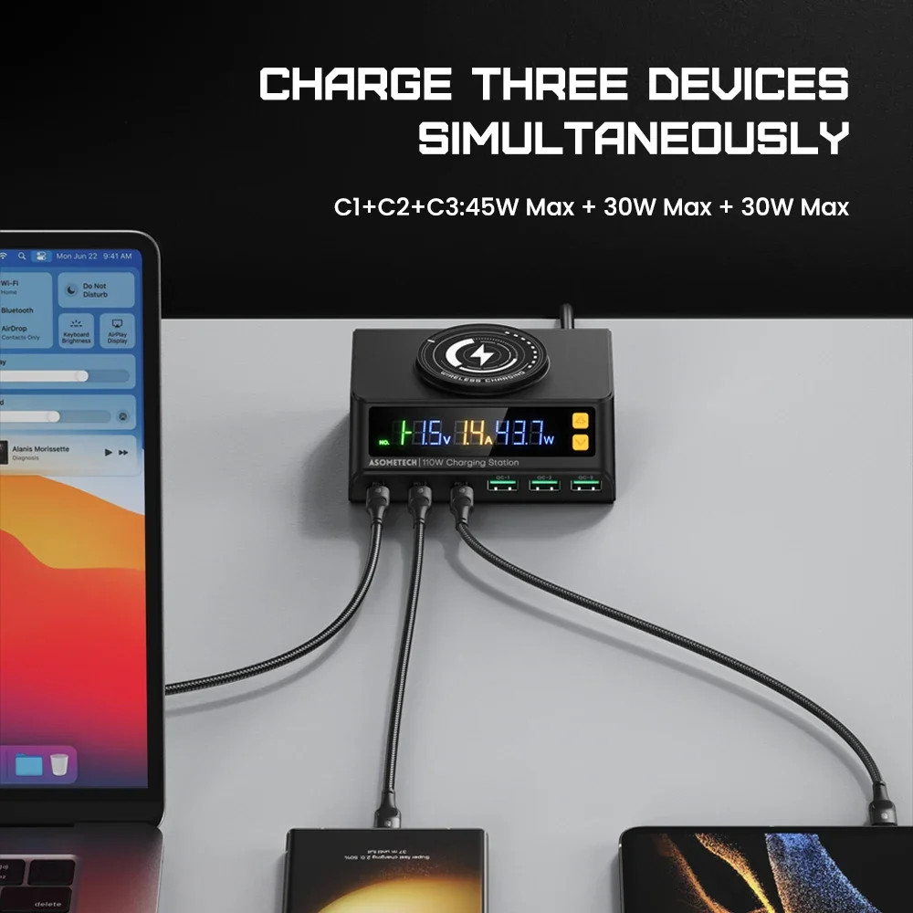 Cargador inalámbrico USB de 110W, estación de carga rápida PD QC 3,0 tipo C de escritorio de 6 puertos para IPhone, portátil, Xiaomi y Samsung