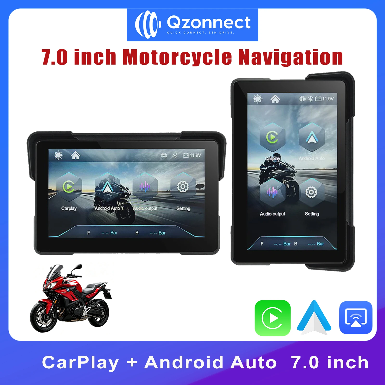 Qzonnect 7" Bidirectional Motorcycle CarPlay/Android Auto, Waterproof, 800Nits IPS Touch, Optional TPMS, Anti-theft Mount 7a