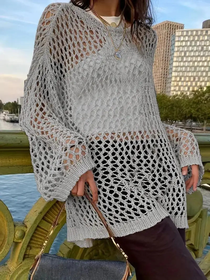 2026 Neuer Ausgehöhlter Strickpullover für Damen Grau Rundhals Übergroß Langarm Lässiger Herbst Streetwear
