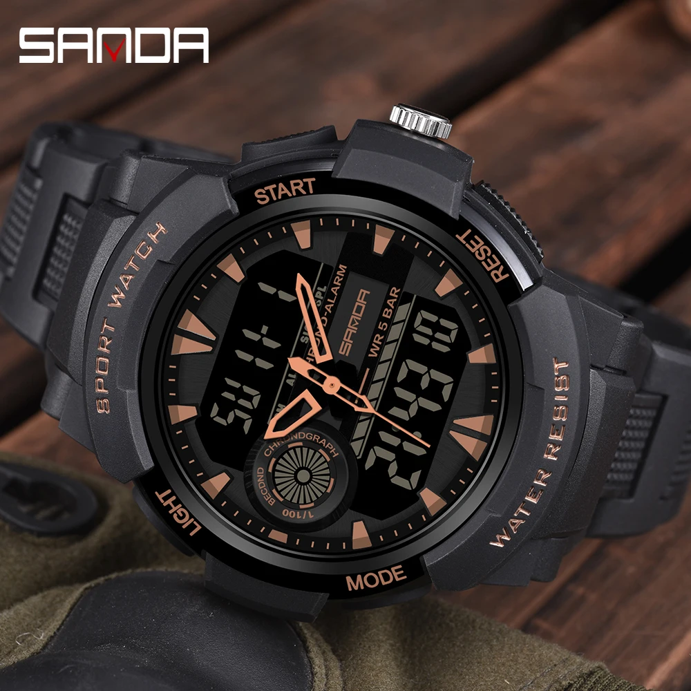 

SANDA 6002 Студенческие электронные часы Спортивные многофункциональные водонепроницаемые светодиодные студенческие электронные часы с двойным дисплеем