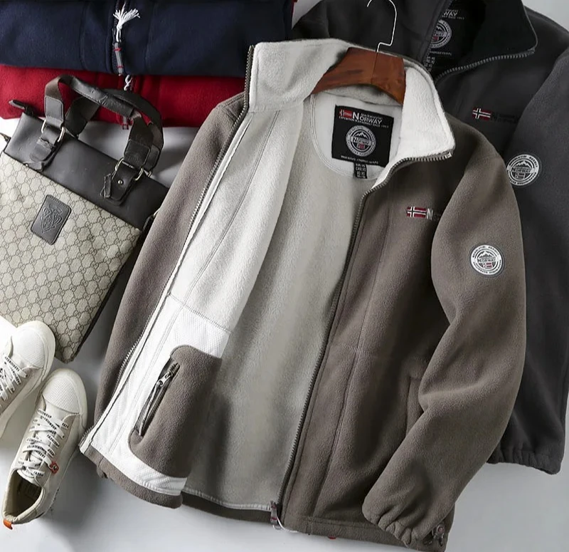 

Men's Stand Collar Warm Coat Norwegian Style Windproof High Color Fastness Polyester Fiber hickened Fleece Winter Jacket