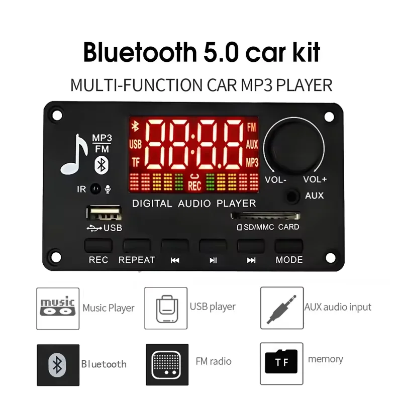 KEBIDUMEI LCD Screen 80W Amplifier DC 12V Bluetooth Audio MP3 Decoder Board Supports Car Call Recording MP3 USB TF LINE IN FM