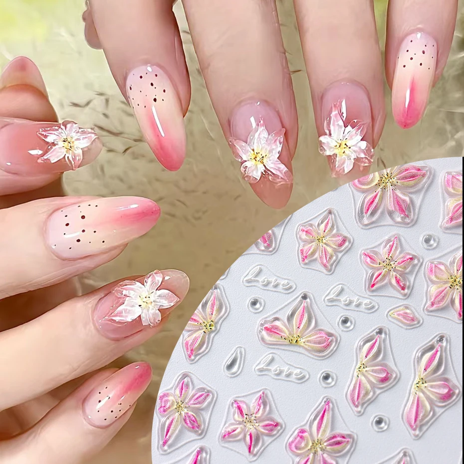 Lily Flower 5D Embossed Nail Stickers Ins Jelly Crystal Blossom