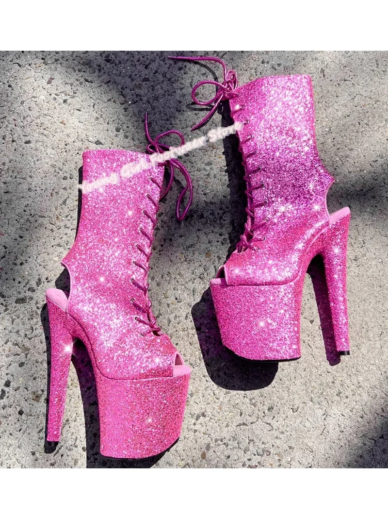 Pole Dancing Flash Purple Sequins Model Runway Shoes Extra High Waterproof Platform Stilettos Strap Handmade Luxury boots