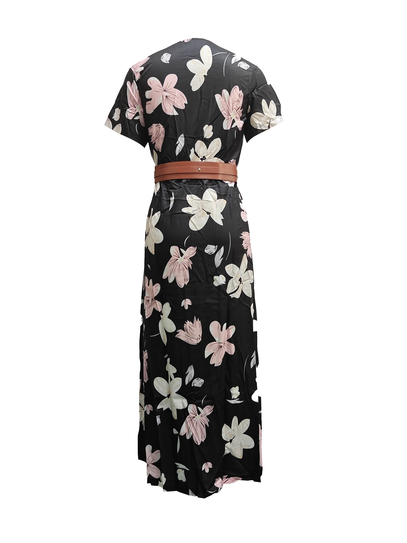 Women's 2023 Floral Summer Dress Wrap V Neck Short Sleeve Belted Ruffle Hem Bohemian Maxi Sun Dresses with Belt A Black