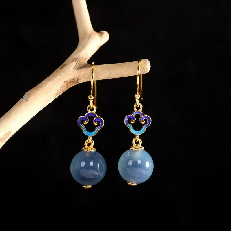 

Earrings for Women Chinese Vintage Style 925 Silver Cloisonne Auspicious Cloud Suger Agate Jewelry Chinoiserie Mother Gift Girl