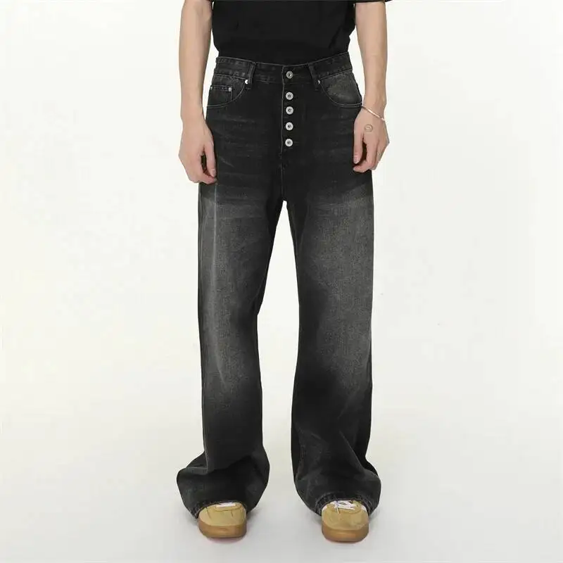 Blue Black Unique Buttoned Design Men's Jeans Washed White Flared Loose Denim Long Pants Versatile Trendy Trousers MFR56