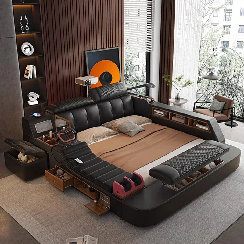 Cama Doble Moderna con Diseño para Niñas, Cama Inteligente para Dormitorio, Cama Queen/King Size, Cama de Princesa de Cuero, Muebles de Dormitorio