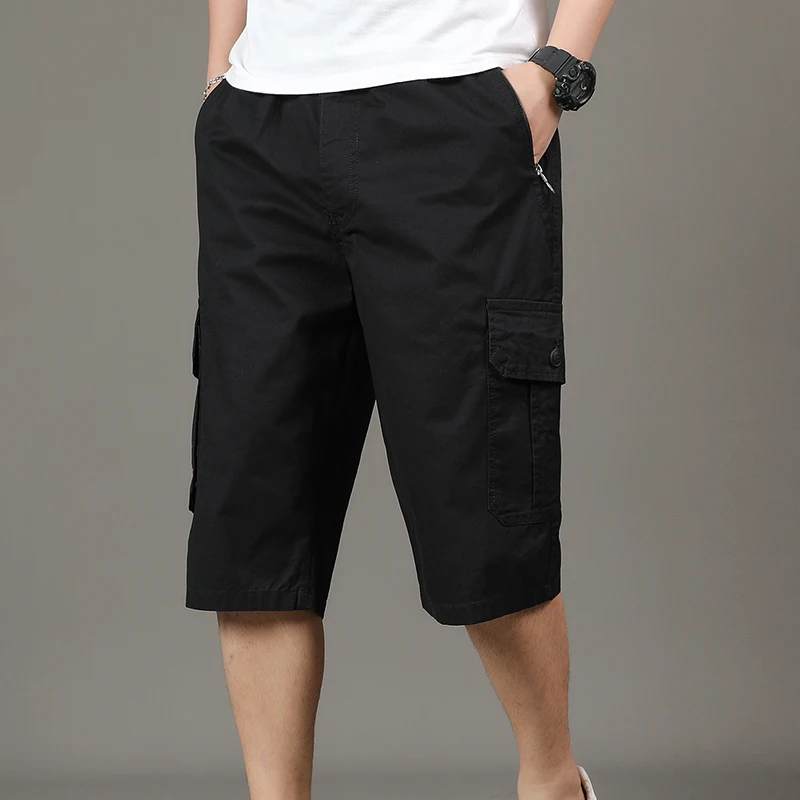 Men\'s Solid Color Pockets Button Elastic High Waisted Summer Casual Straight Vacation Cargo Capri Pants Preppy Style Shorts