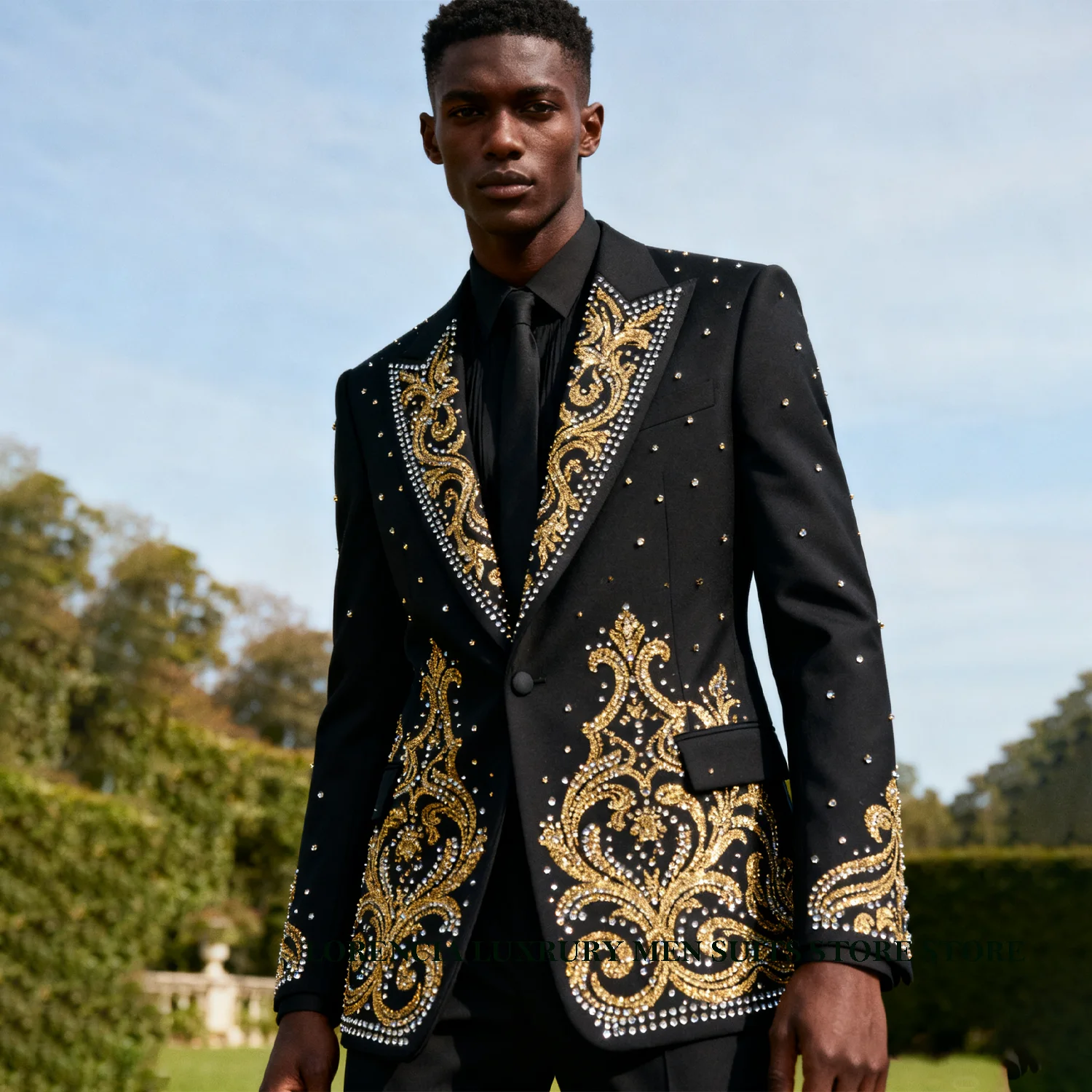 

Customized African Men Formal Suits Rhinestones Crystals Groom Tuxedos High Quality 2 Pieces Sets Party chamarras para hombre