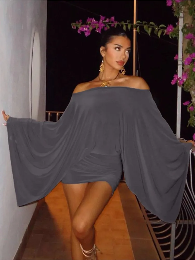 

2026 Sexy Dress Vestido Dresses Woman Package Hip Solid Color French Elegant One Line Neck Big Sleeves Off Shoulder Simple Style
