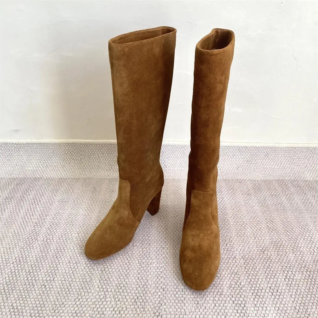 

Women Suede Female Heels Zipper Elastic Knee-high Boots for Women Tube Lace-up Thigh Boots Outdoor Long Leg High-heeled Boots