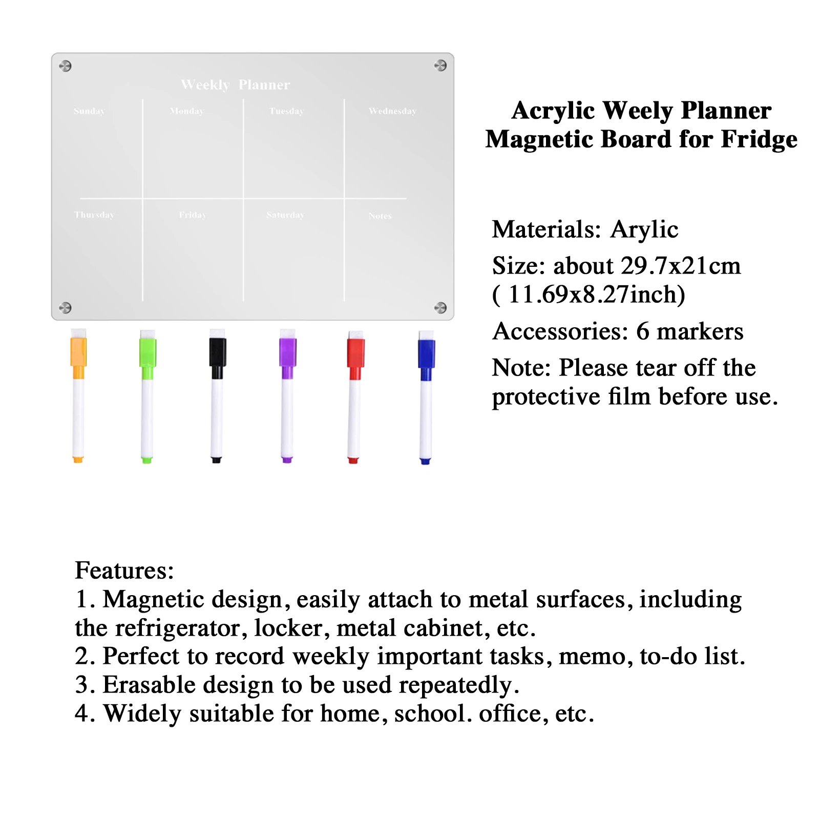 Transparent Acrylic Magnetic Calendar For Fridge Dry Erase Magnet Sticker Weekly Planner Schedule To-Do List Message Menu Boards