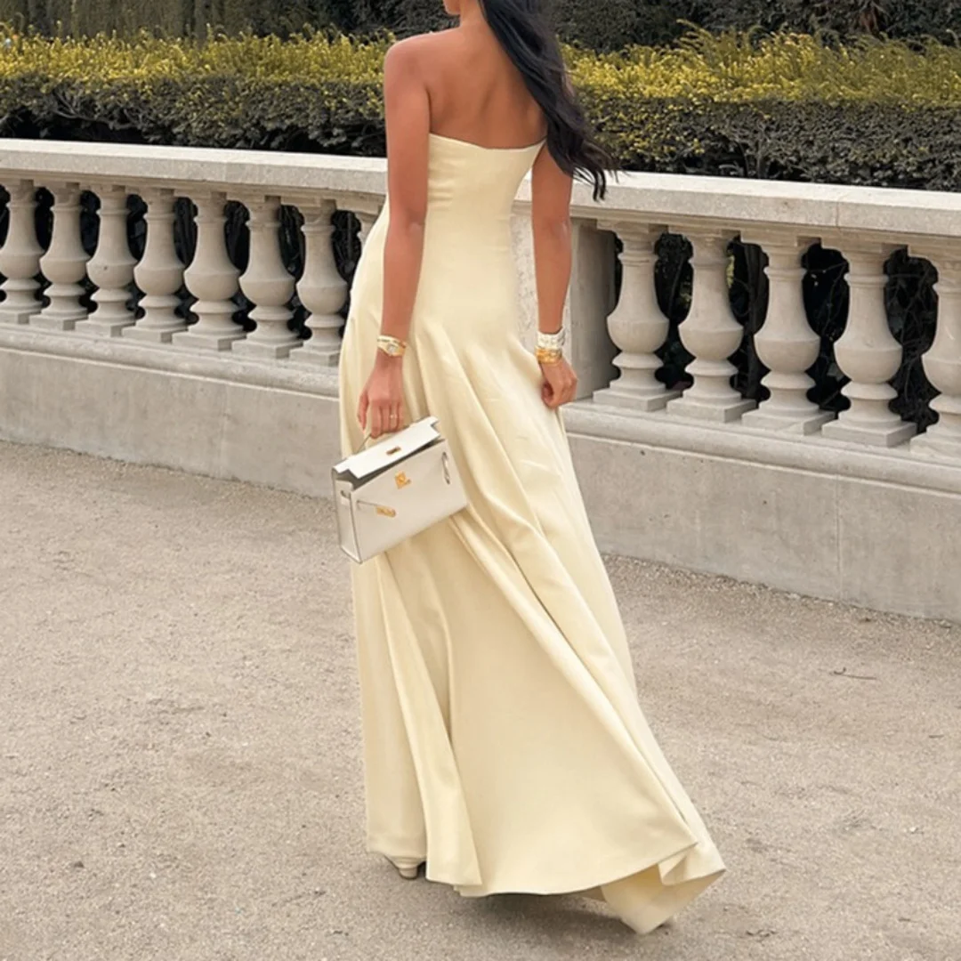 Leichtes Leinen-A-Linien-Kleid für Damen, Sommer 2022, lässiges, solides Midikleid mit Taschen, trägerlos, lang, für Damen, Urlaubsmode