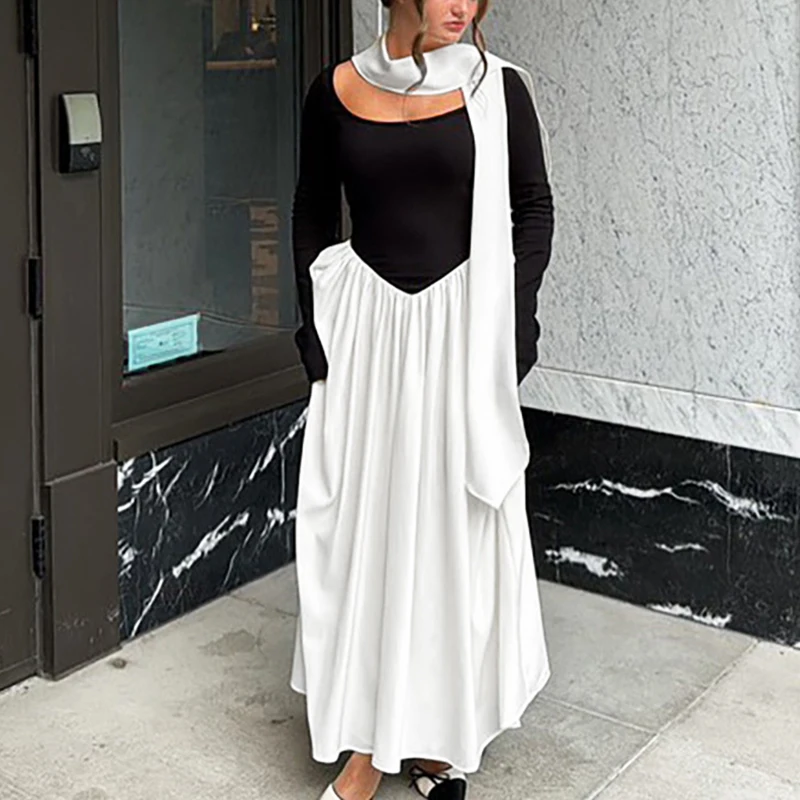 

Ticketsx Elegant Slim Ruched Patchwork Dress Autumn Fashion Scarf Ribbon Round Neck A-line Long Dress Party Evening Dress