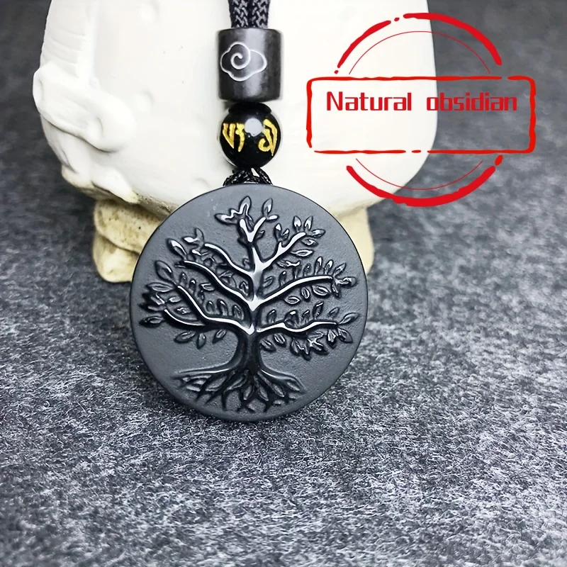 Natural black gemstone men's and women's pendant frosted necklace pendant black gemstone tree of life amulet necklace jewelry