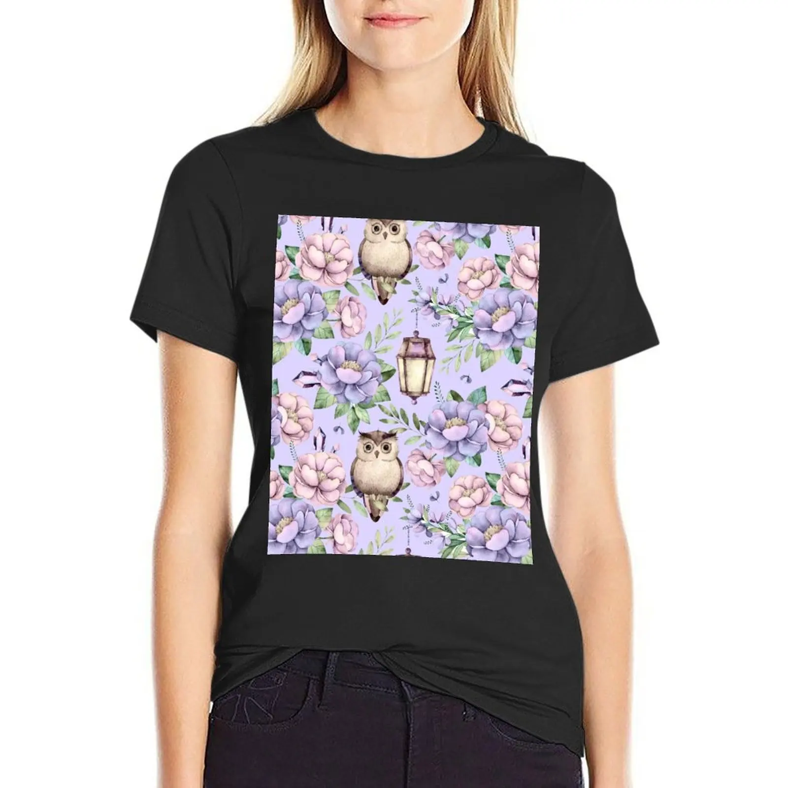 

Hand painted blush pink lavender watercolor owl floral T-Shirt funnys animal print blacks summer tops graphic t-shirts for Women