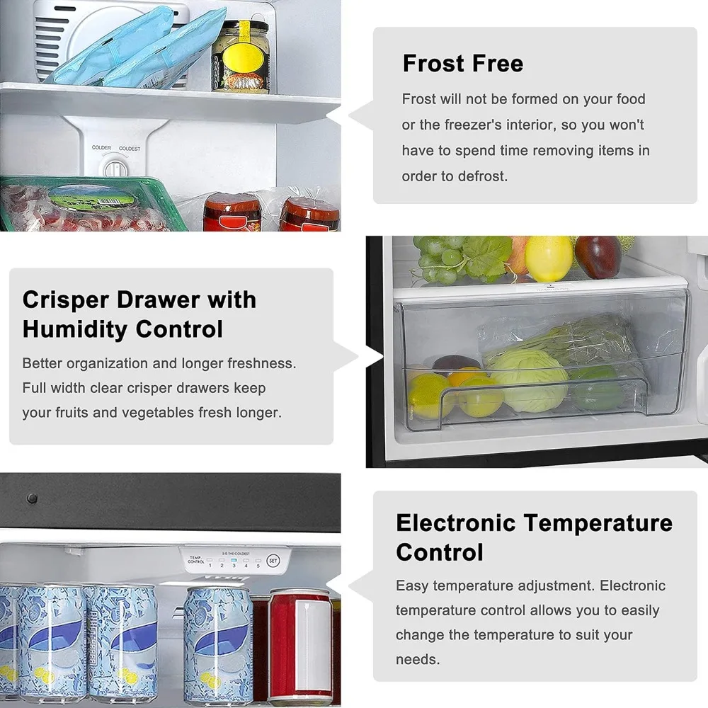 Nevera de doble puerta, Control de termostato eléctrico ajustable con compartimento para congelador de montaje superior, 12,0 pies cúbicos, acero inoxidable