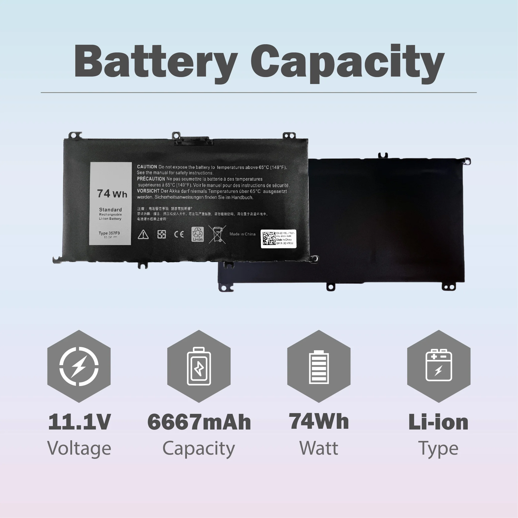 357F9 74Wh 6667mAh 11.1V Laptop Battery Replacement for Dell Inspiron 15 7000 Gaming 15 7559 I7559 7557 I7557 5577 7567 5576 756